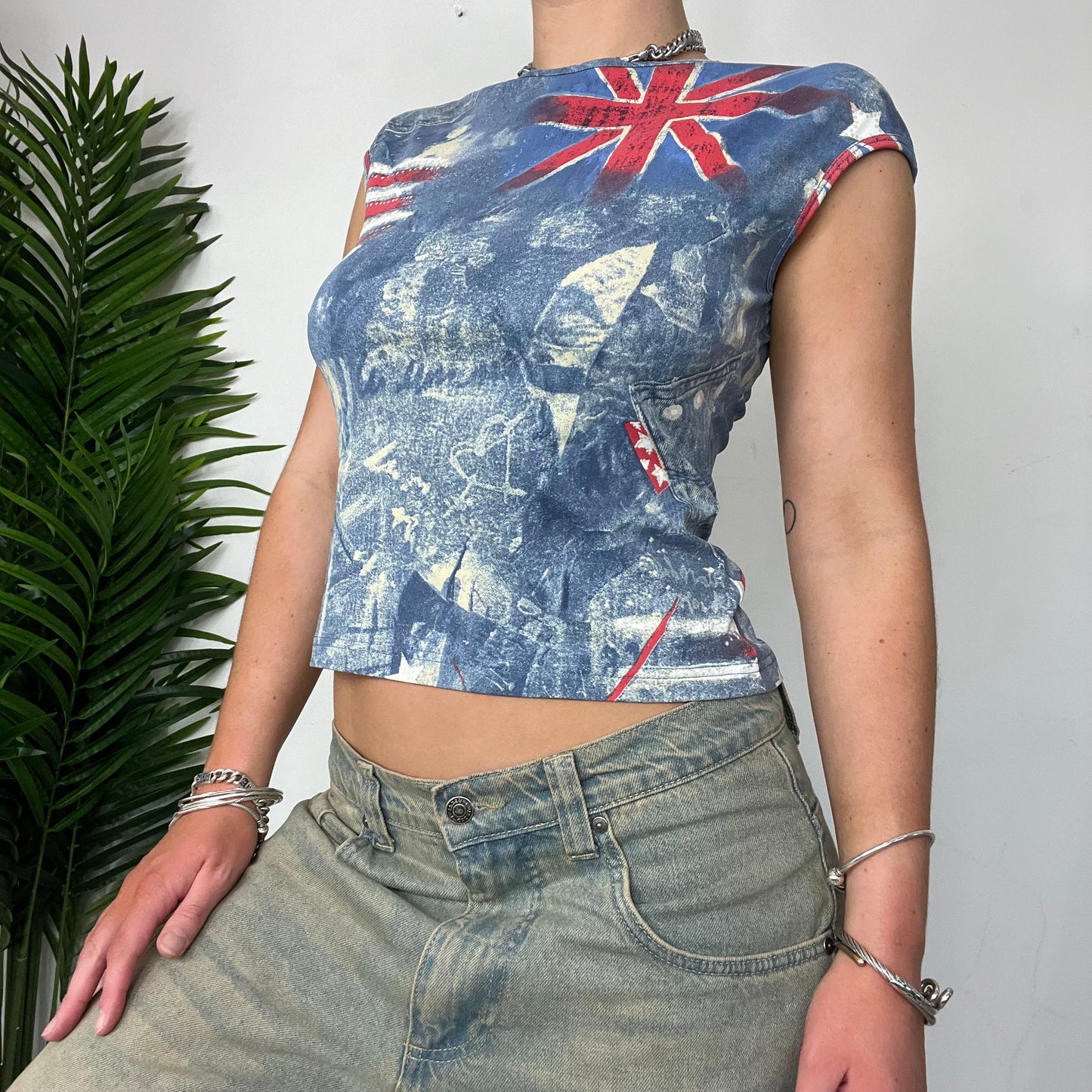 Cap Sleeve Blue Washed Flag Baby Tee