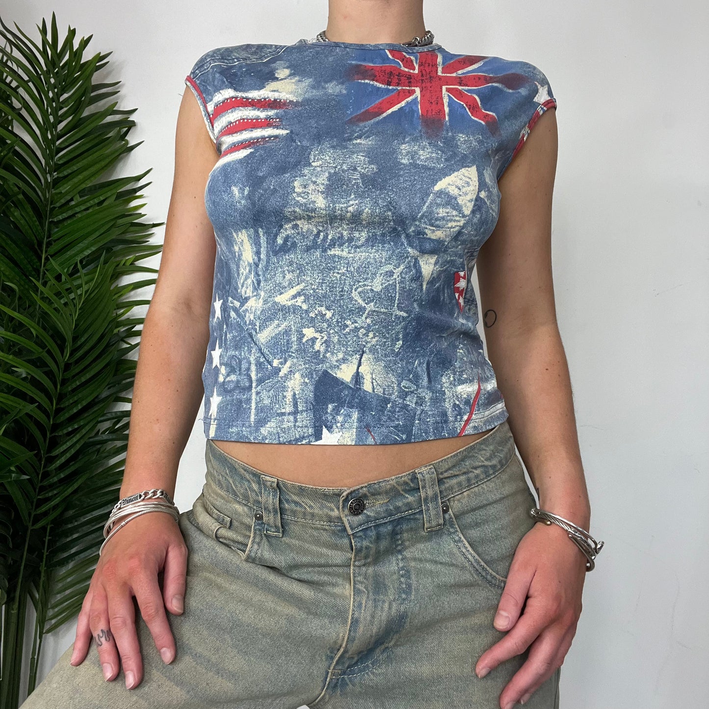 Cap Sleeve Blue Washed Flag Baby Tee