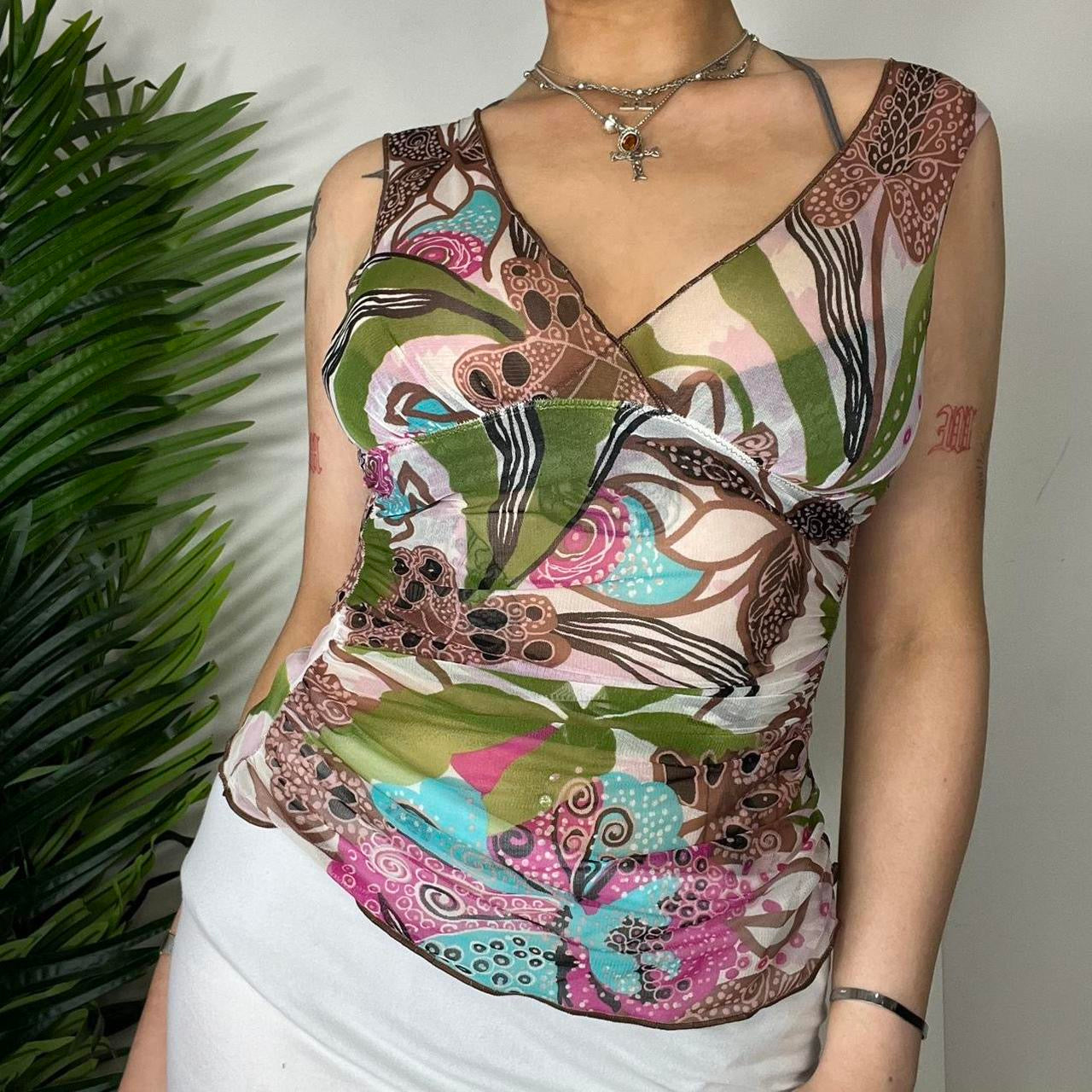 90s graphic print mesh top