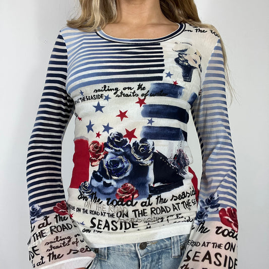 00s vintage graphic mesh long sleeve top - Size S/M