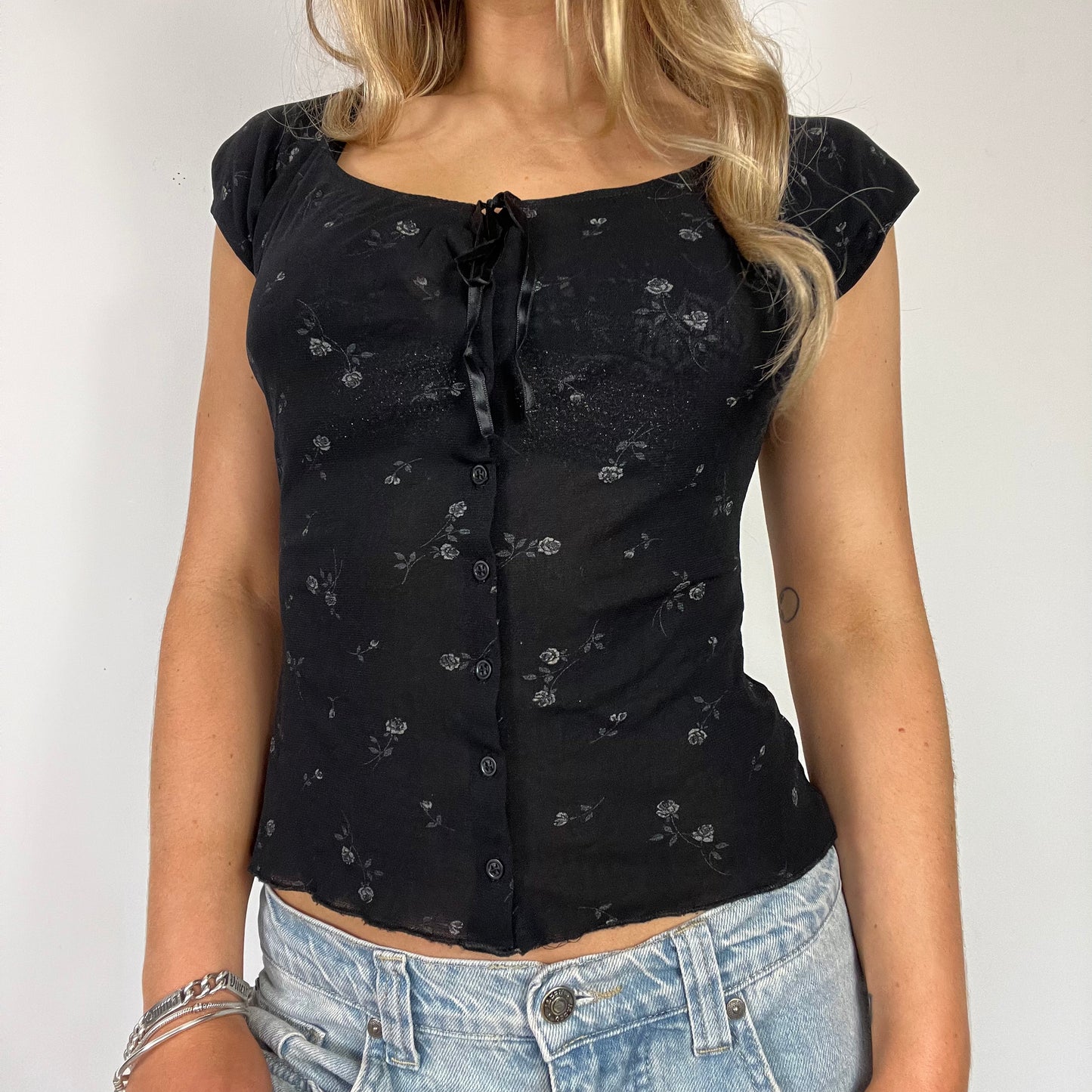 00s floral off shoulder button up top - Size S