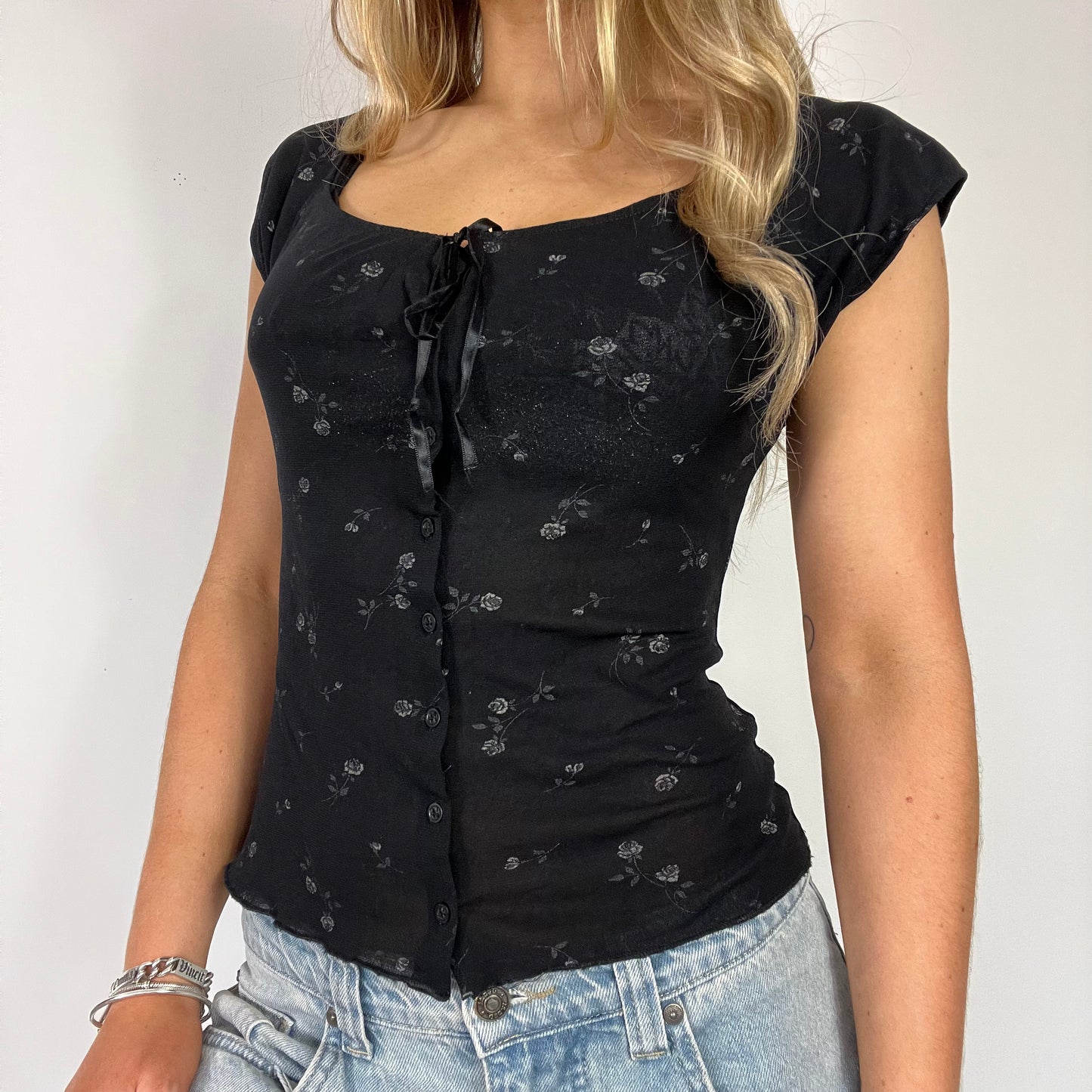 00s floral off shoulder button up top - Size S