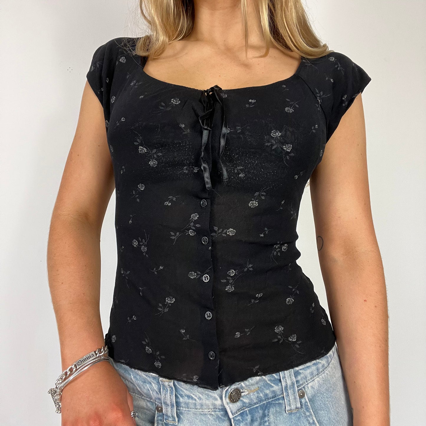 00s floral off shoulder button up top - Size S