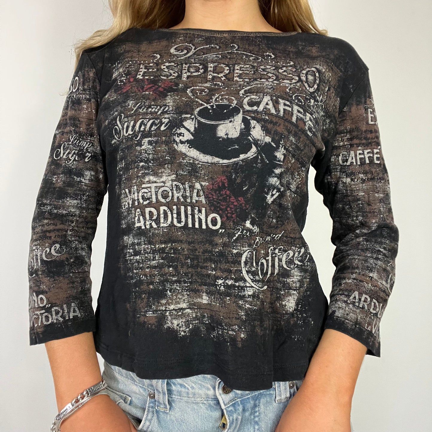 00s vintage espresso graphic long sleeve top - Size M