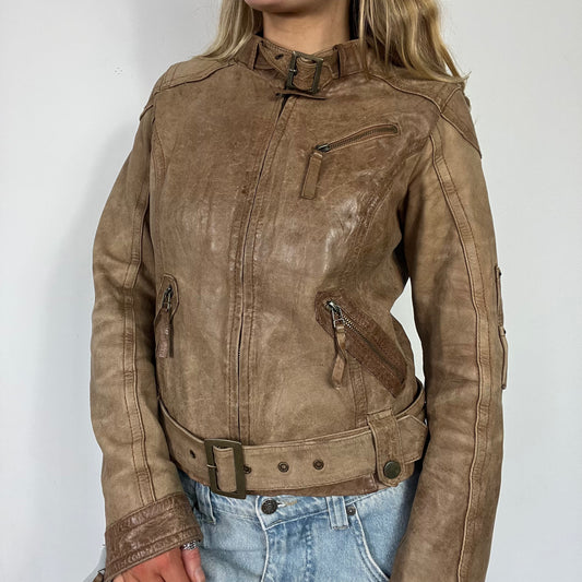 00s vintage real leather buckle brown jacket - Size S/M