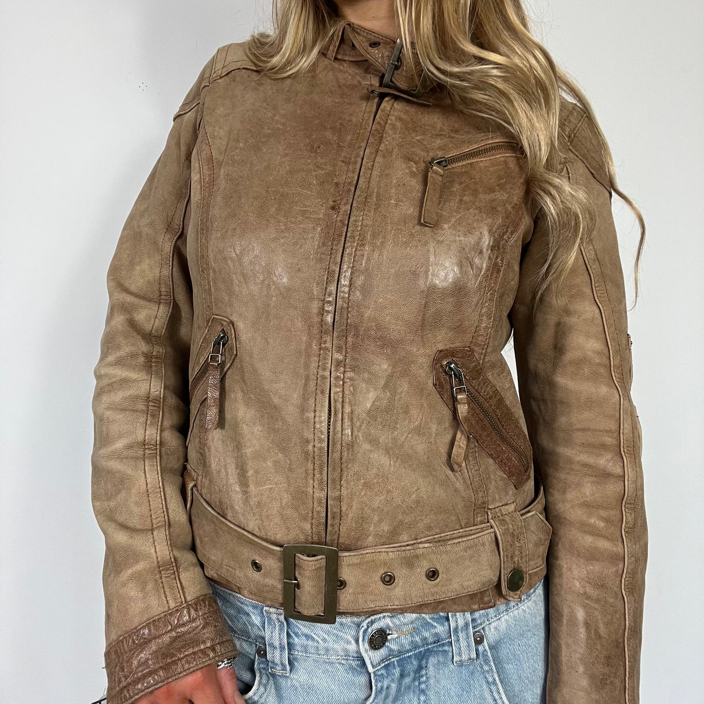 00s vintage real leather buckle brown jacket - Size S/M