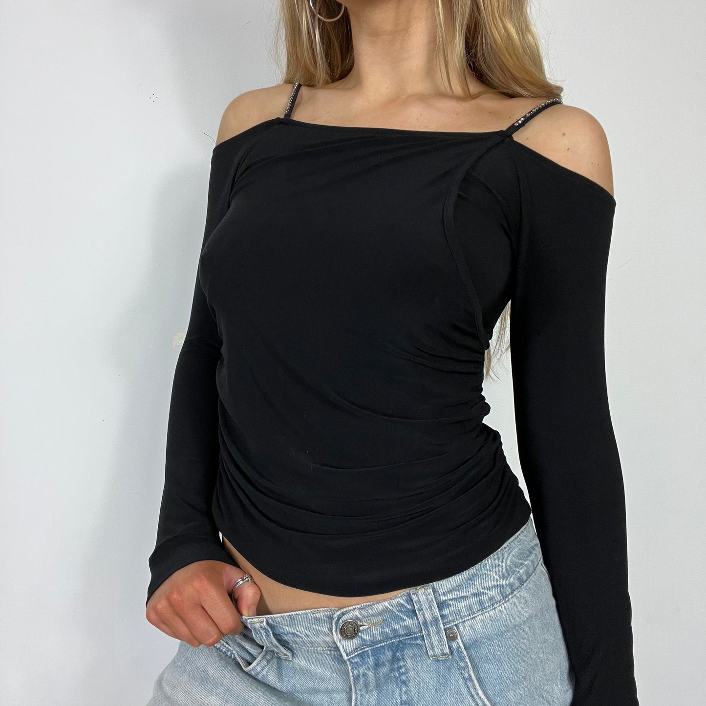 00s vintage diamonte shoulder long sleeve top - Size S