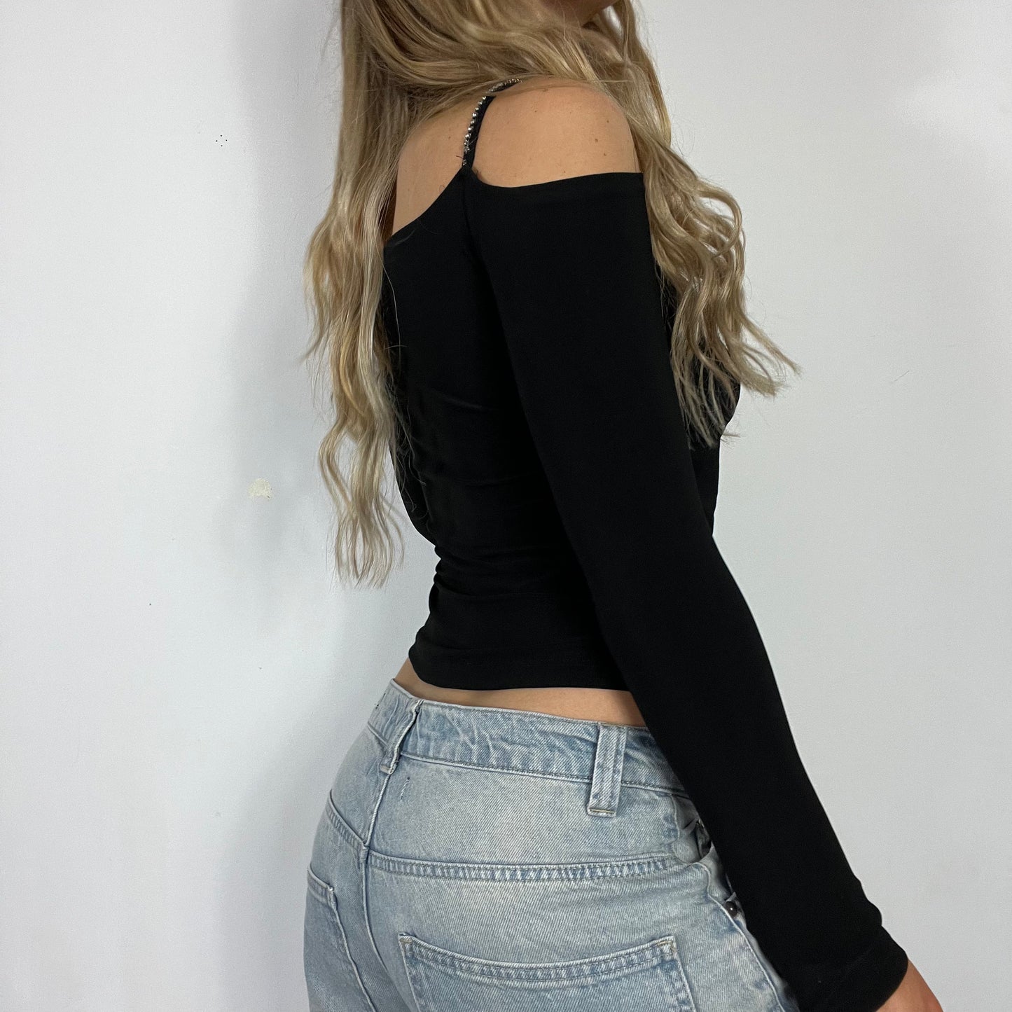 00s vintage diamonte shoulder long sleeve top - Size S