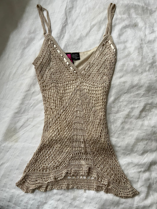 V Neck Strappy Crochet Lettuce Hem Vest (XS)