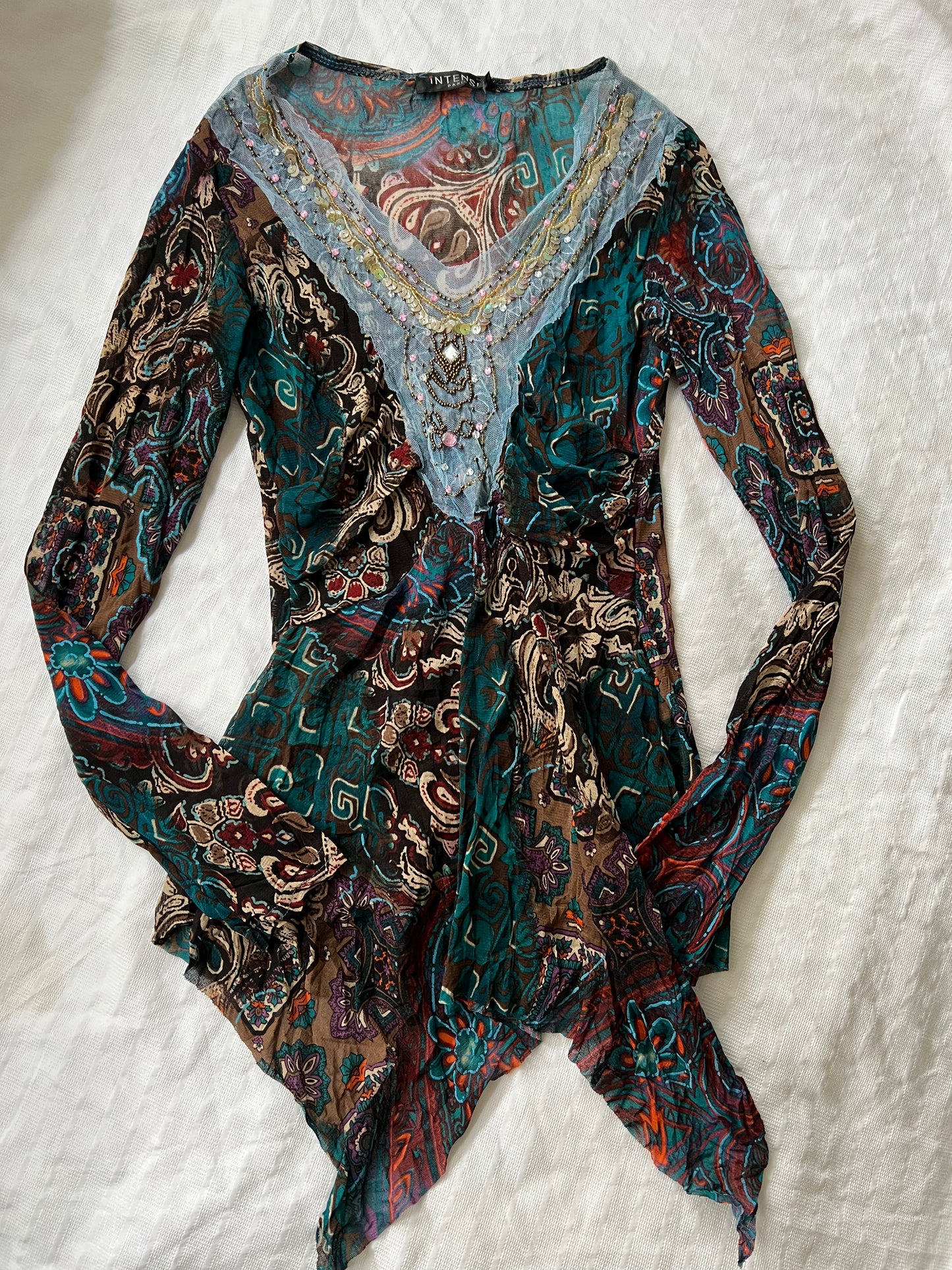 00s mesh graphic lace long sleeve top - Size S