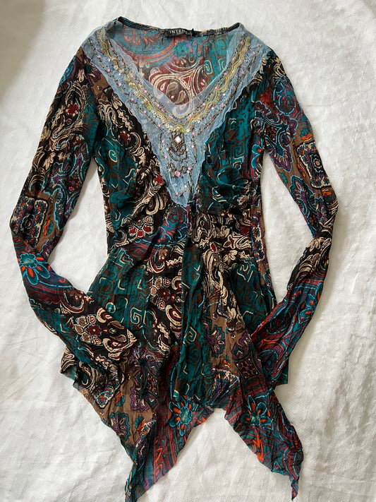 00s mesh graphic lace long sleeve top - Size S