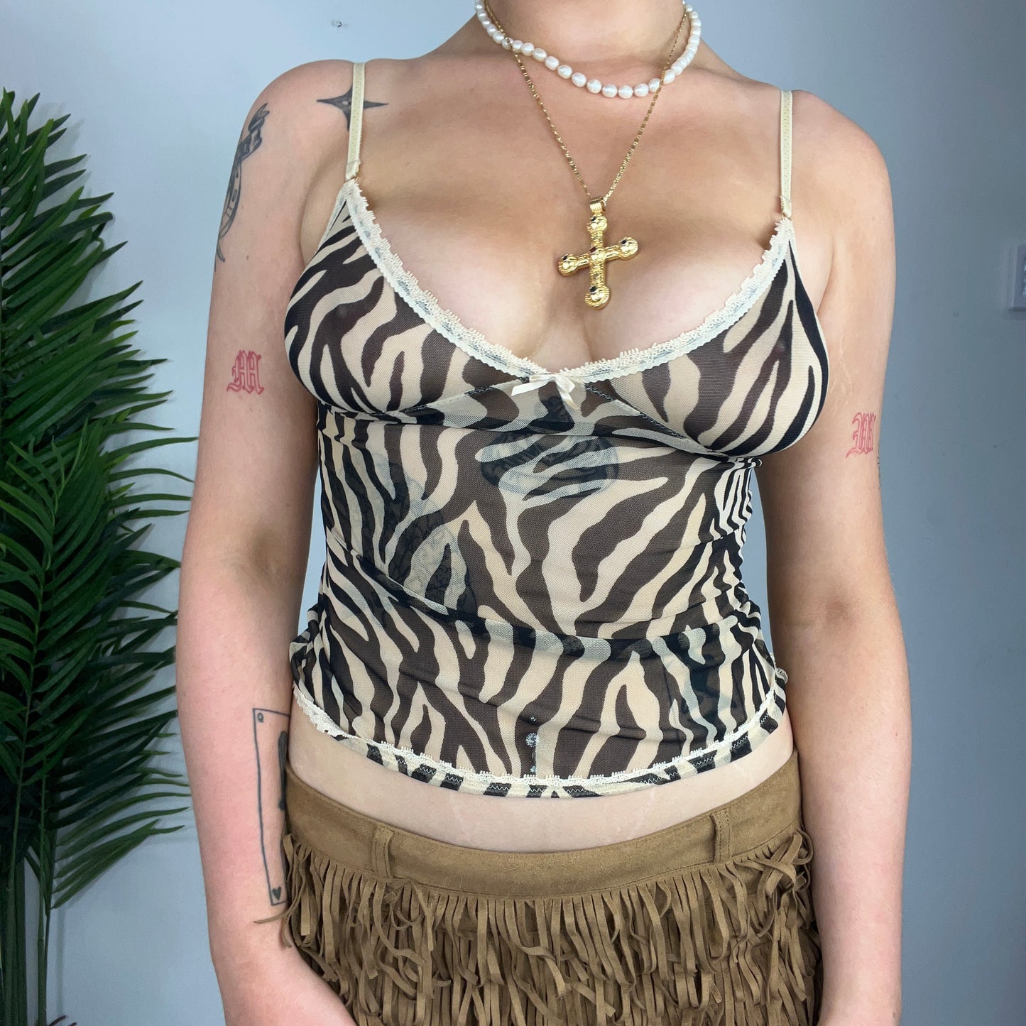 Zebra Print Y2K Lace Trim Vest