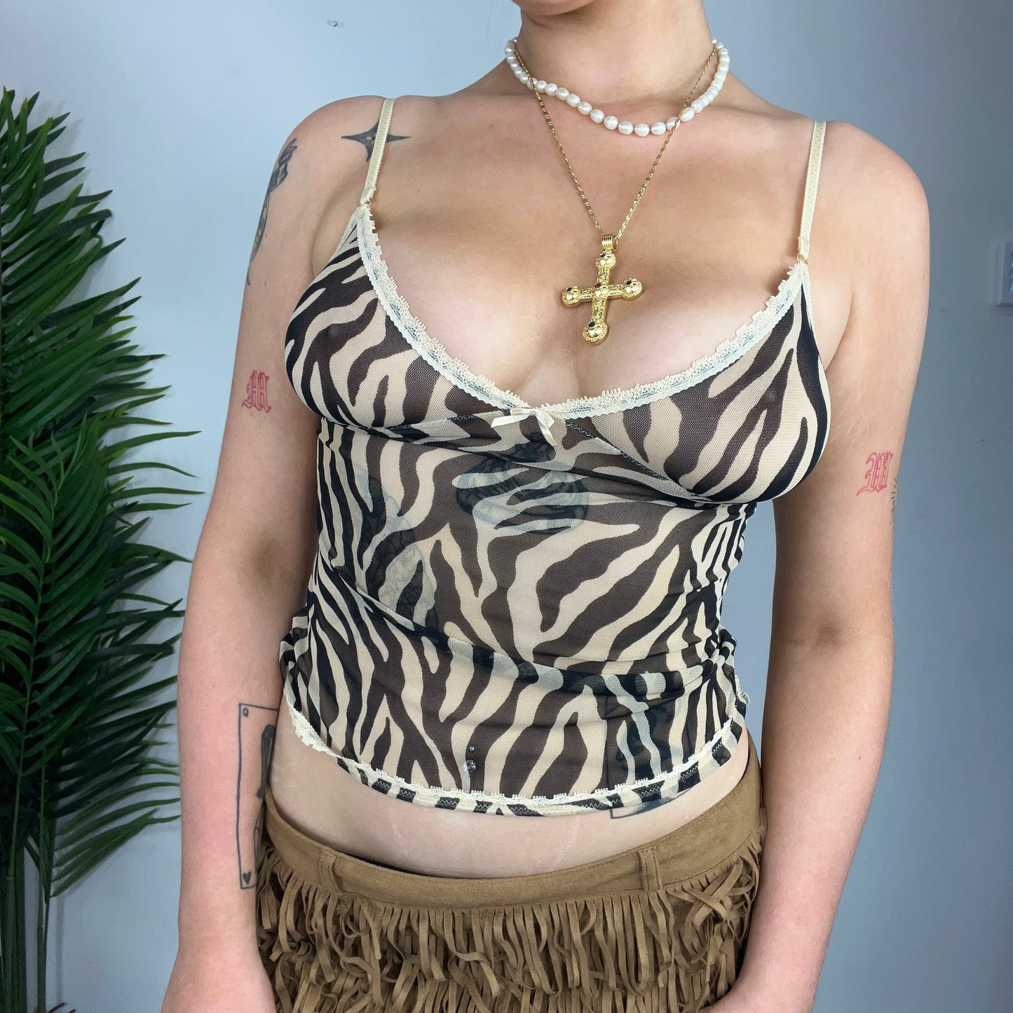 Zebra Print Y2K Lace Trim Vest