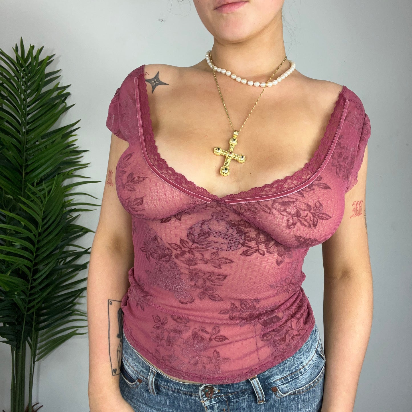 Y2K Pink Lace V Neck Top