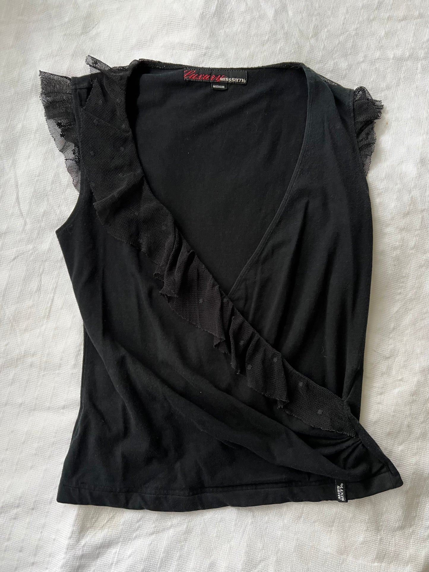 Miss Sixty Black Lace Ruffle V Neck Vest (S/M)