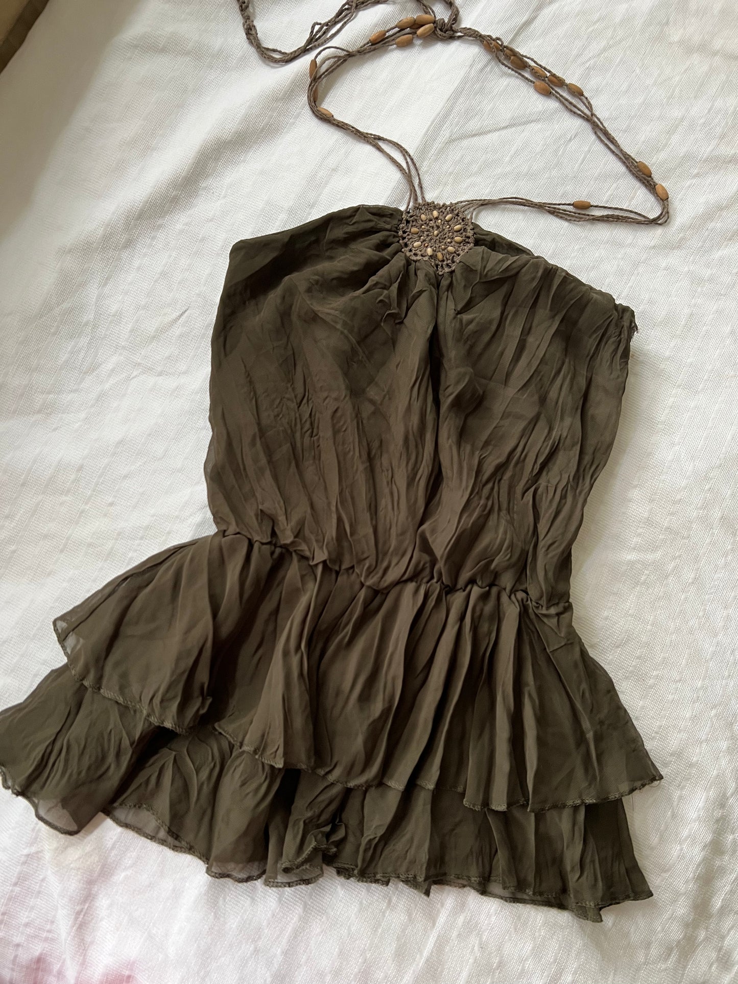 90s green ruffle halter neck top -  size S/M