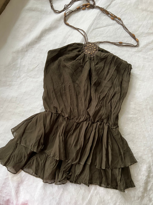 90s green ruffle halter neck top -  size S/M