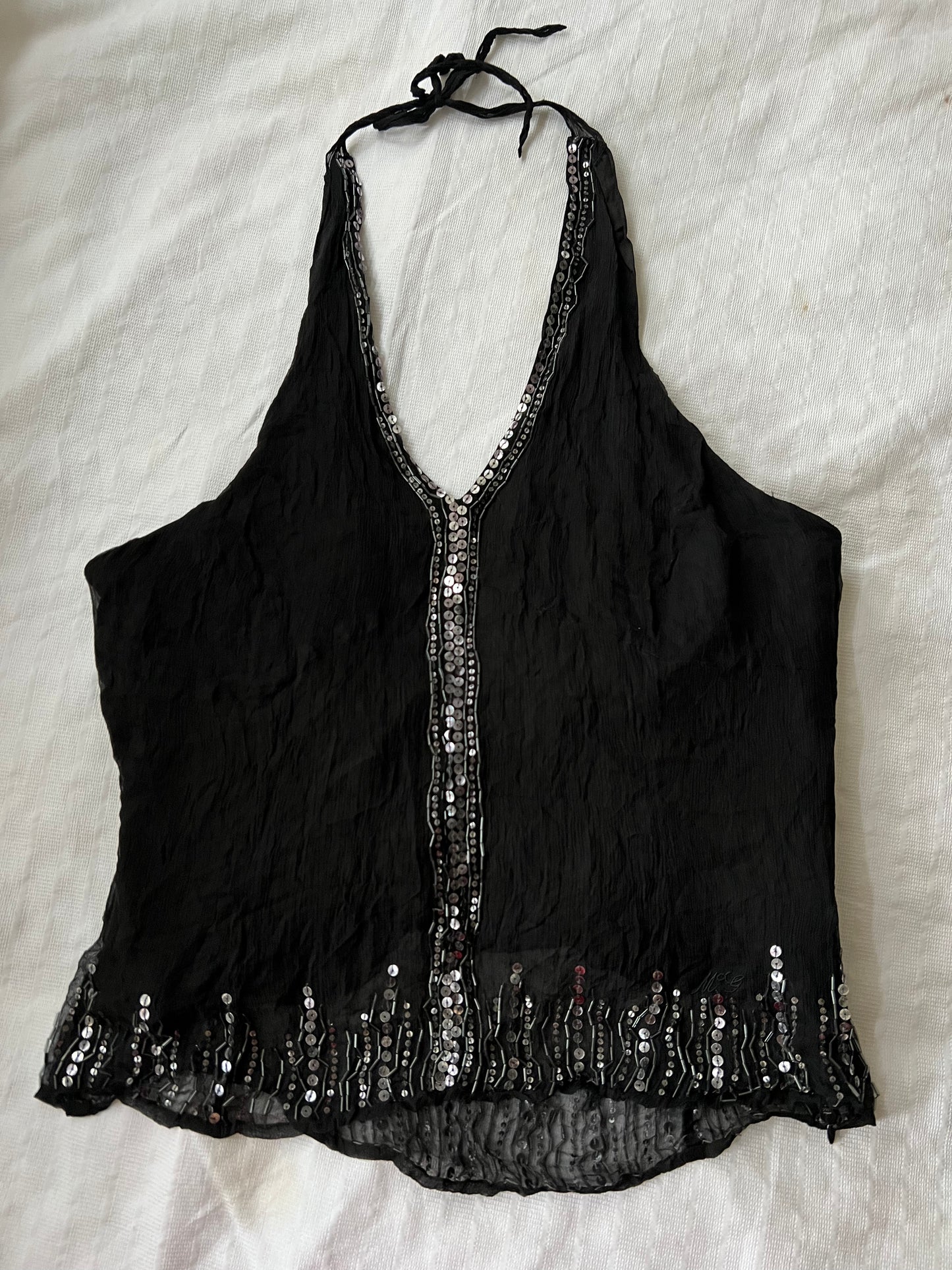 90s black mesh sequin halter neck top - Size S/M