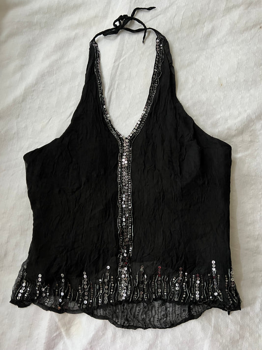 90s black mesh sequin halter neck top - Size S/M