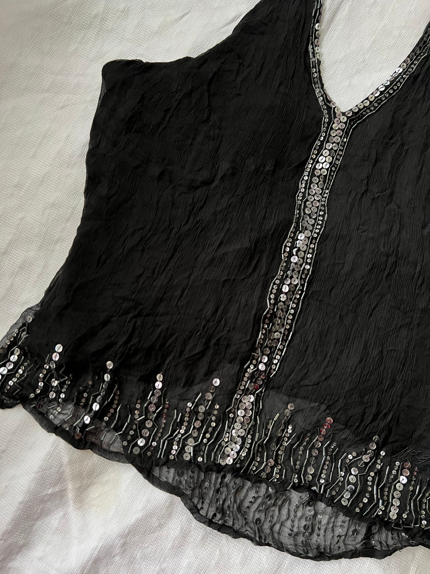 90s black mesh sequin halter neck top - Size S/M