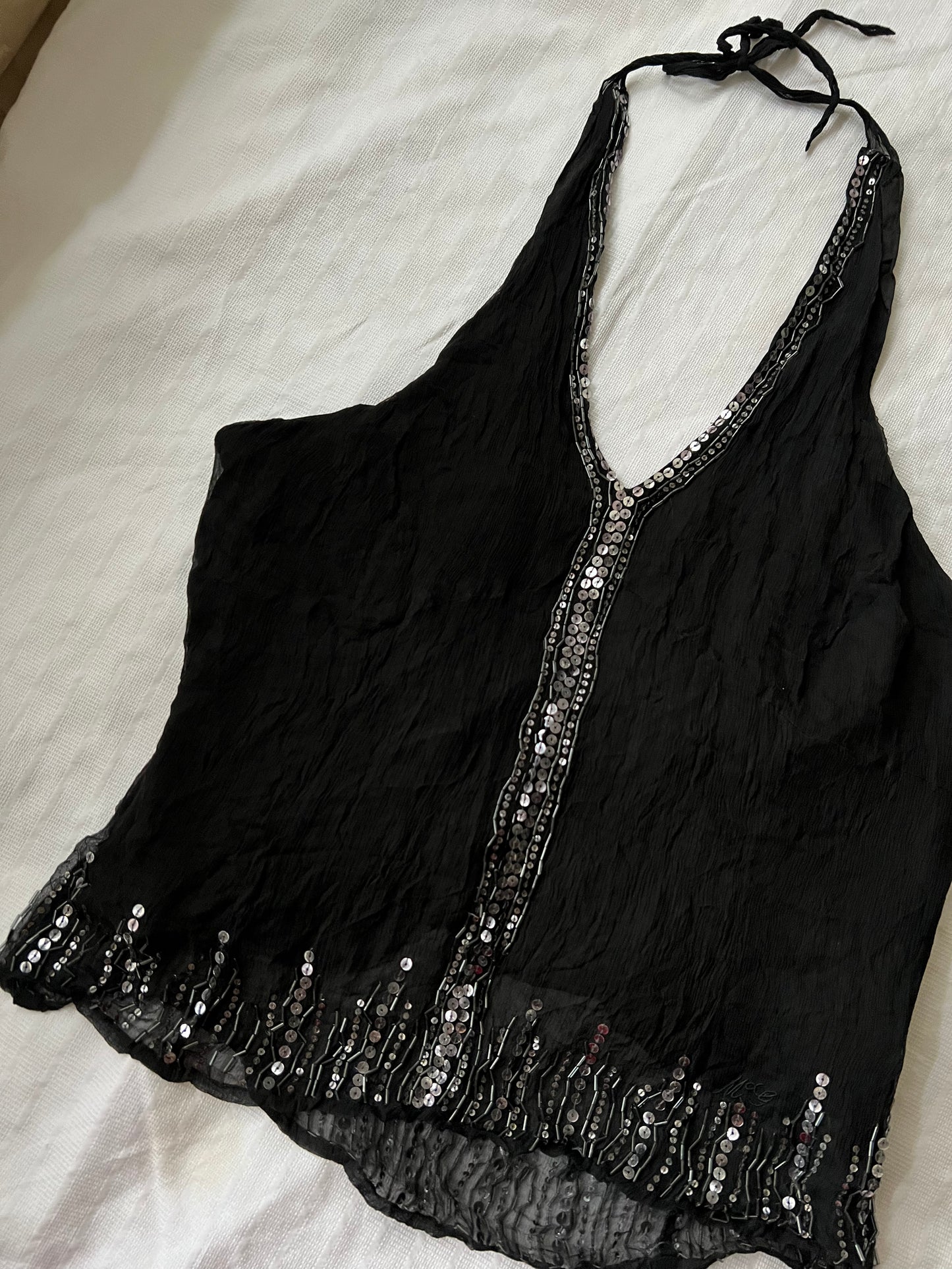 90s black mesh sequin halter neck top - Size S/M