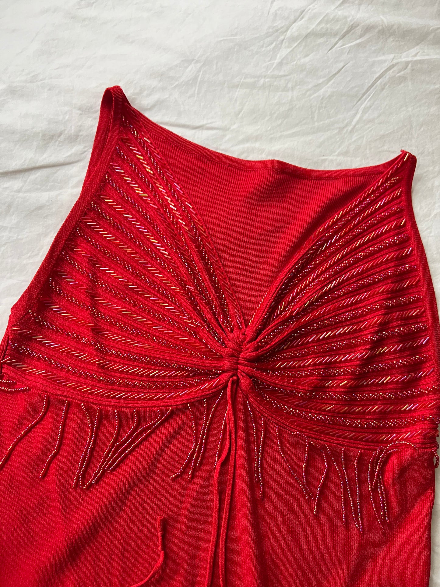 90s red knit sequin tassle top - Size S