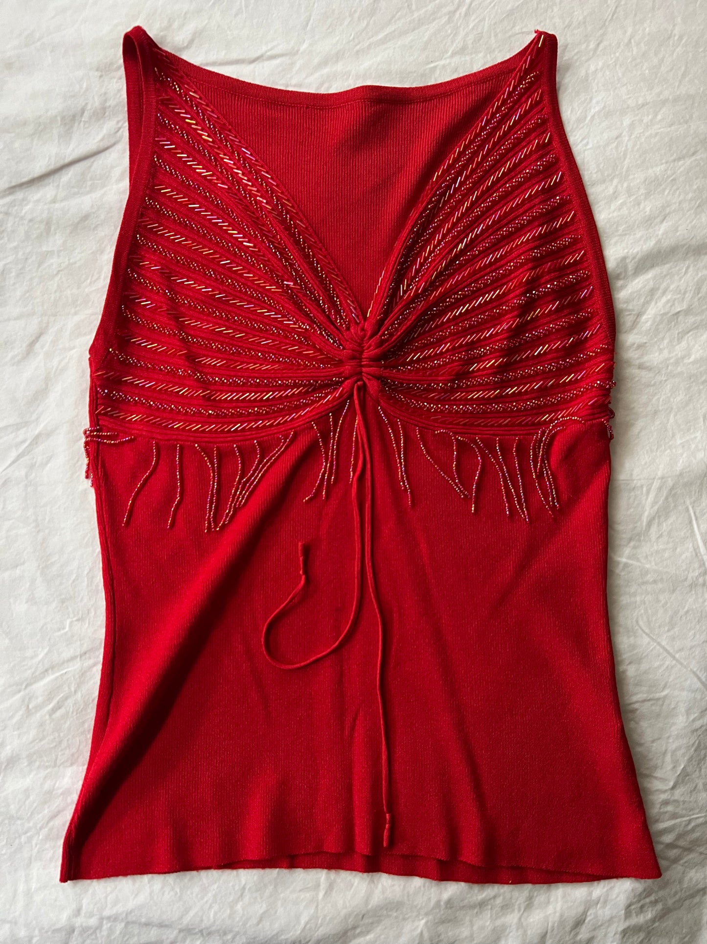 90s red knit sequin tassle top - Size S