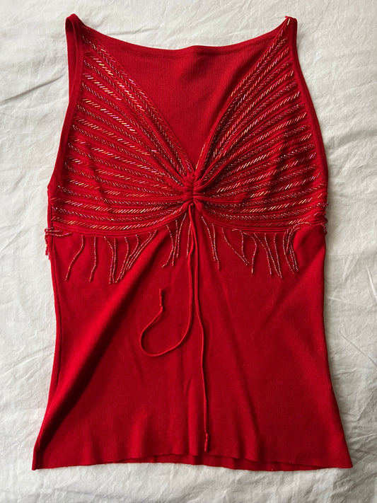 90s red knit sequin tassle top - Size S