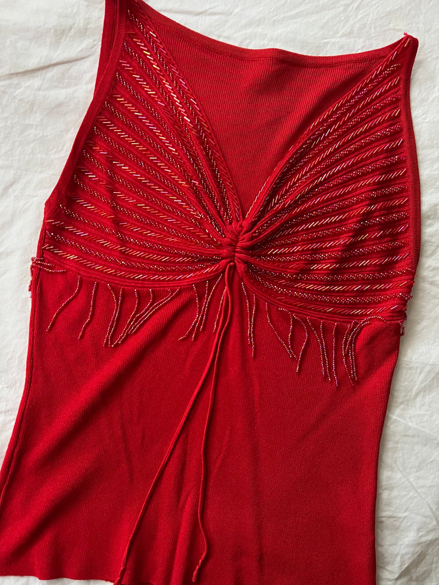 90s red knit sequin tassle top - Size S