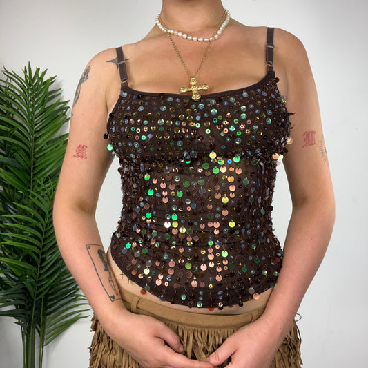 Brown Sequin Y2K Backless Vest Top - S/M