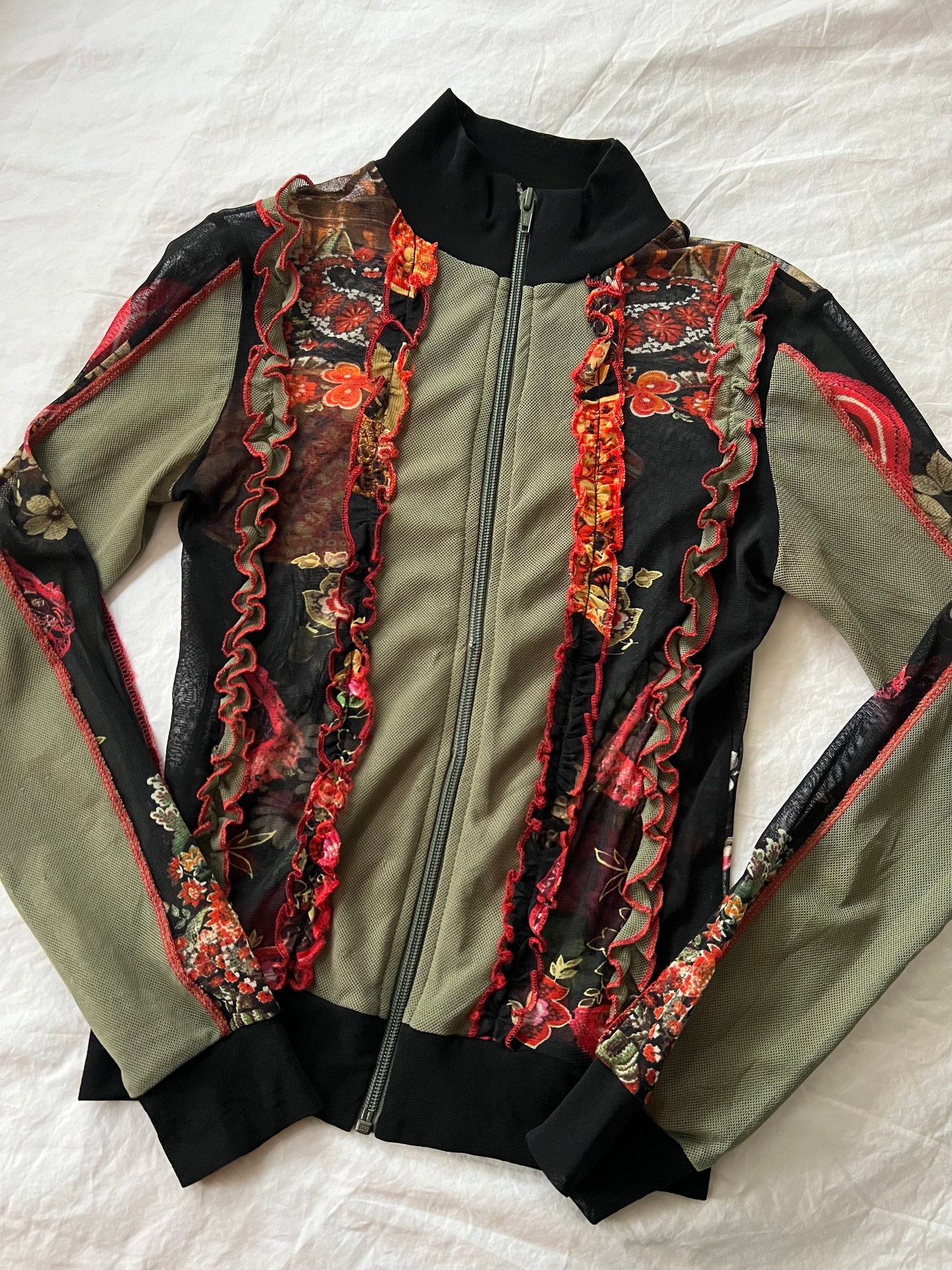 Y2K khaki mesh graphic print zip up top - Size S