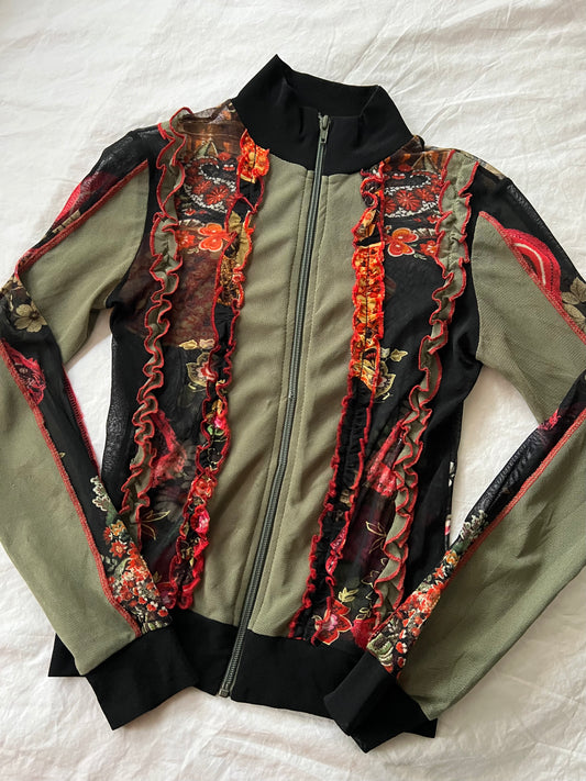 Y2K khaki mesh graphic print zip up top - Size S