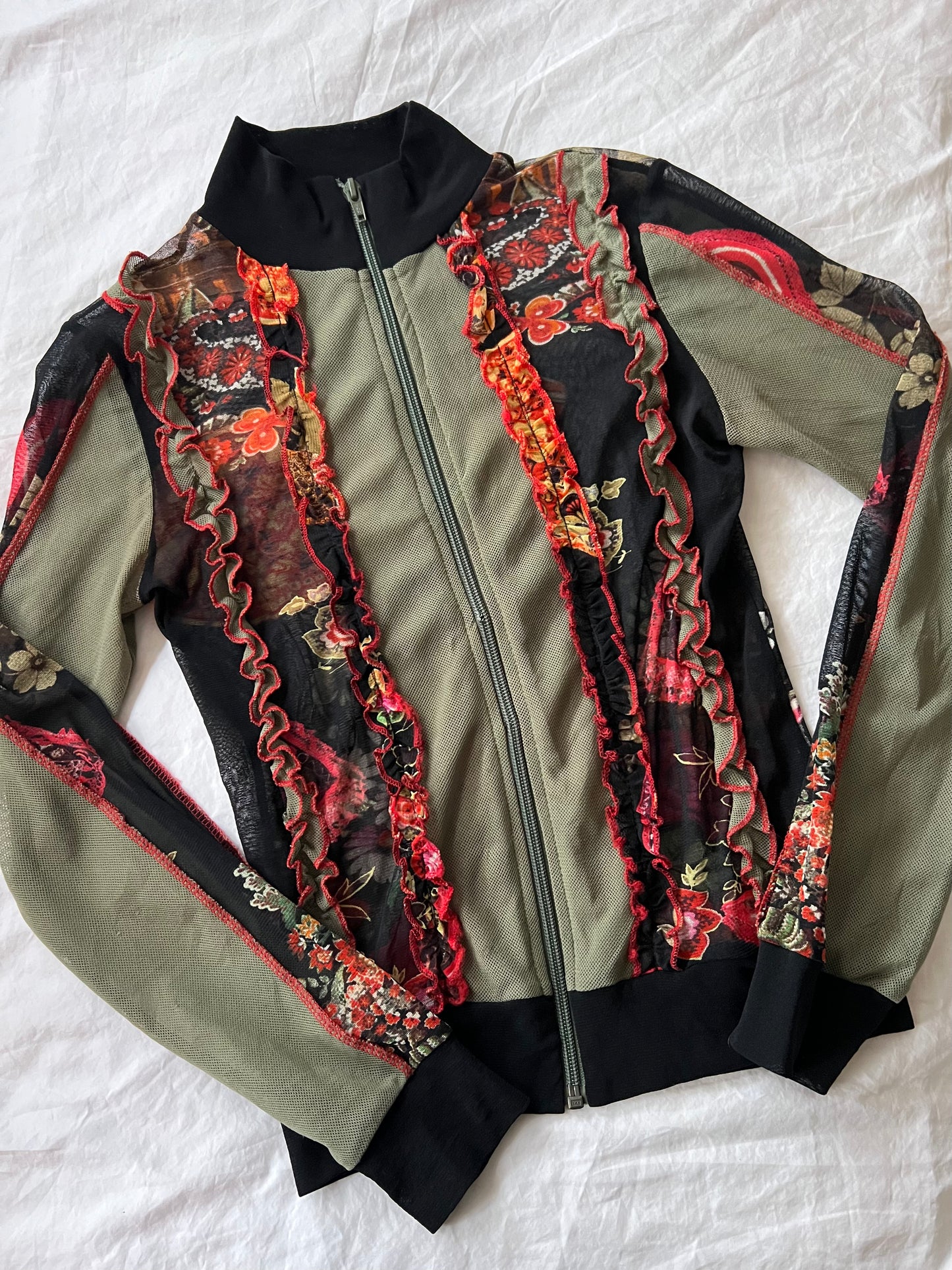 Y2K khaki mesh graphic print zip up top - Size S