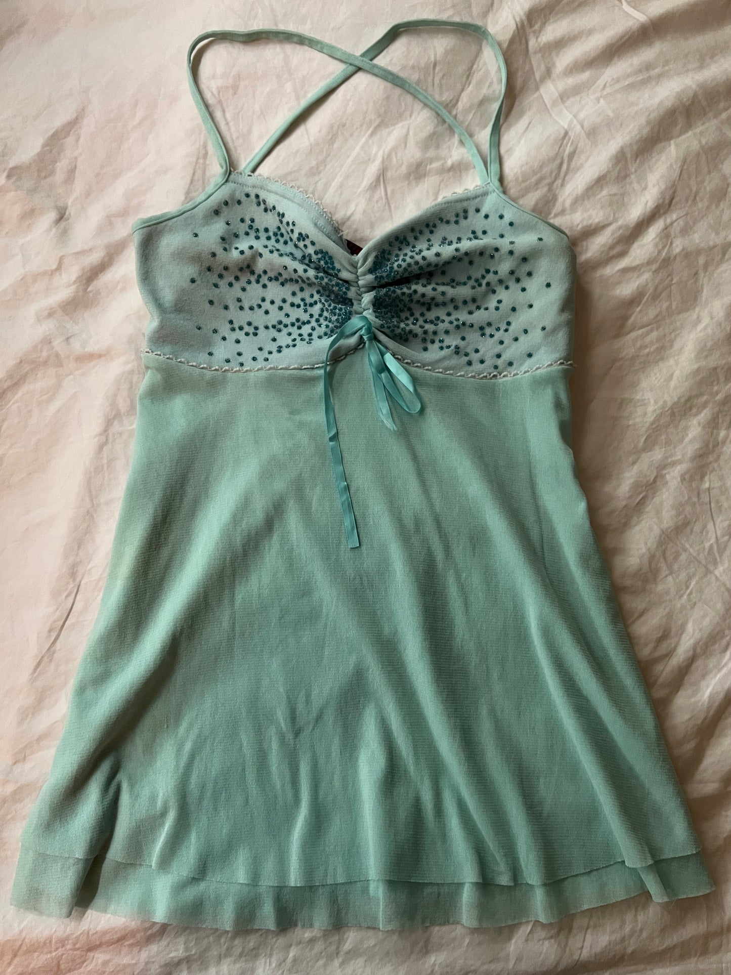 90s blue floaty mesh boob tube halter neck top - Size S/M