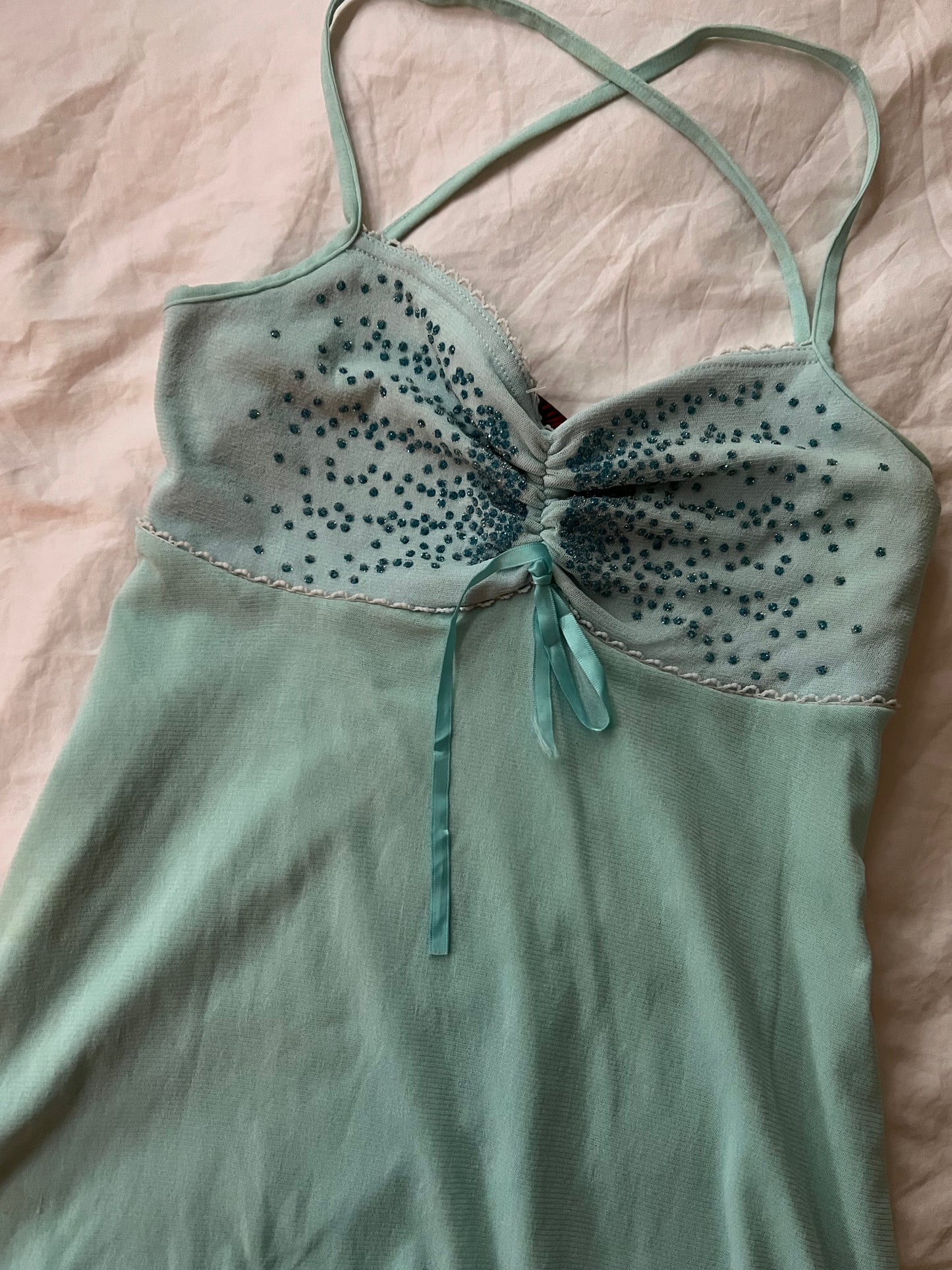 90s blue floaty mesh boob tube halter neck top - Size S/M