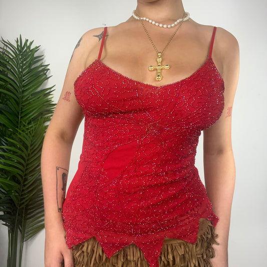 Y2K Red Beaded Cami Fairy Hem Vest