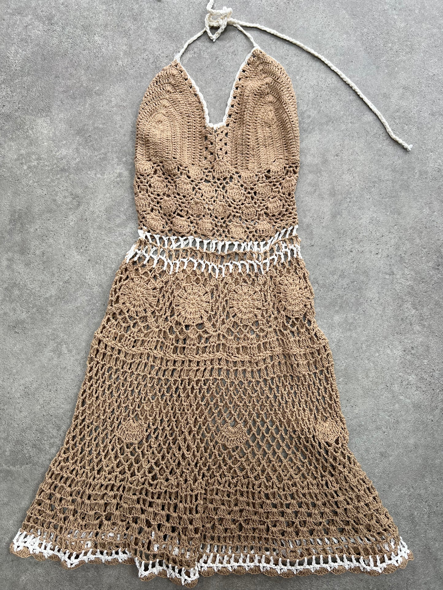90s Brown Crochet Halter Neck Dress - Size S/M