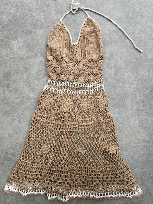 90s Brown Crochet Halter Neck Dress - Size S/M