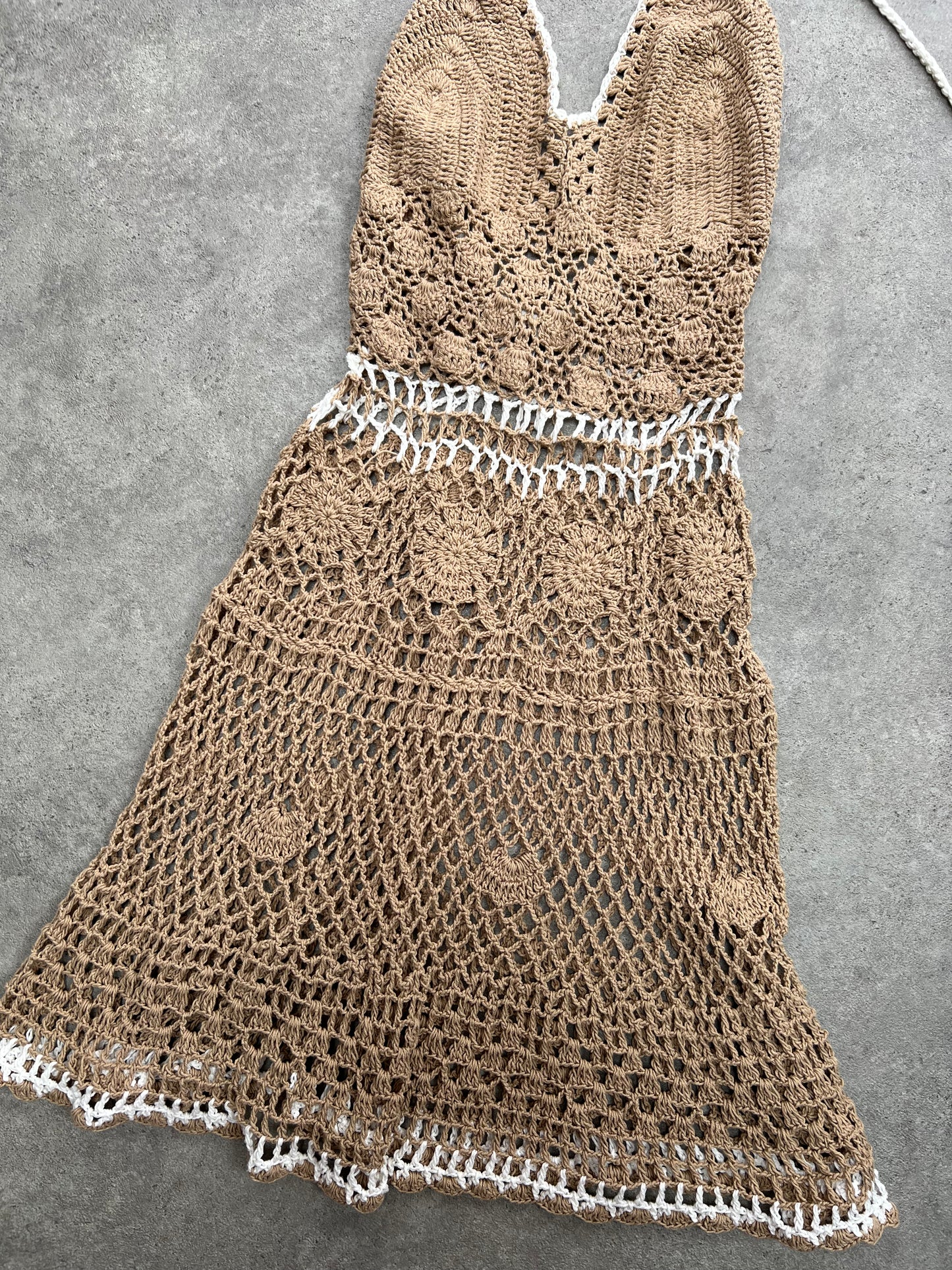 90s Brown Crochet Halter Neck Dress - Size S/M