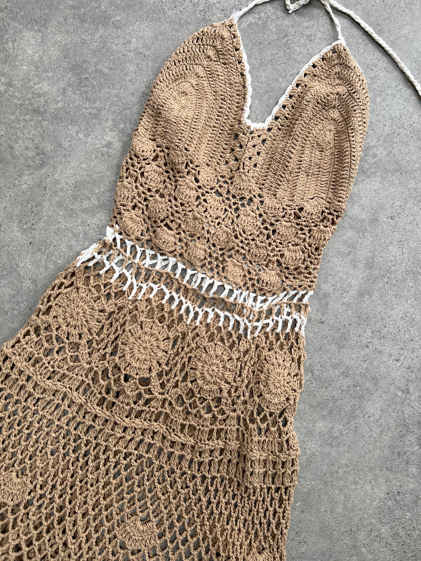 90s Brown Crochet Halter Neck Dress - Size S/M