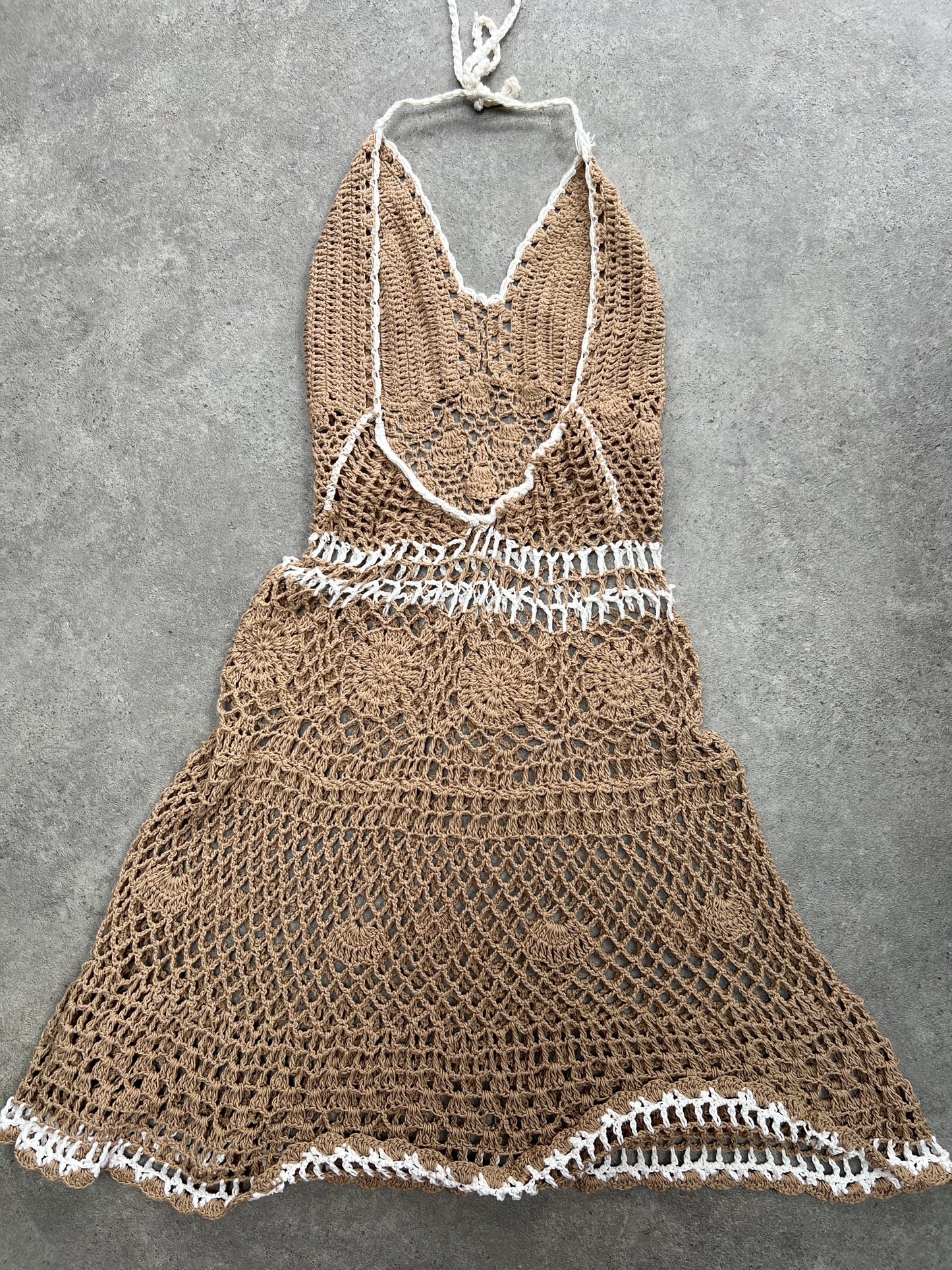 90s Brown Crochet Halter Neck Dress - Size S/M