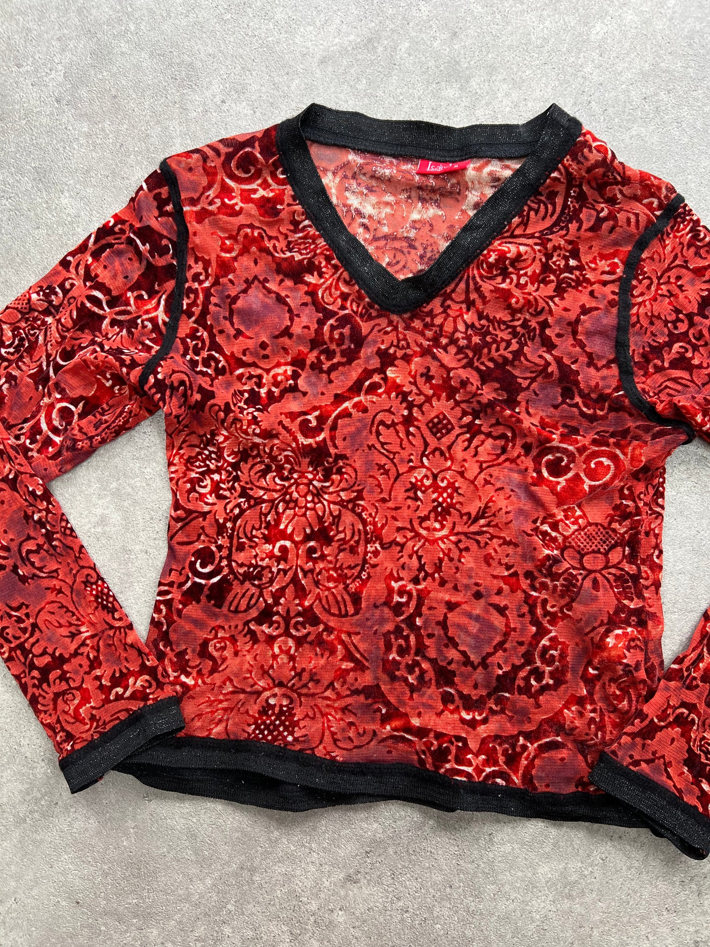 90s red black velvet mesh long sleeve top - Size S/M