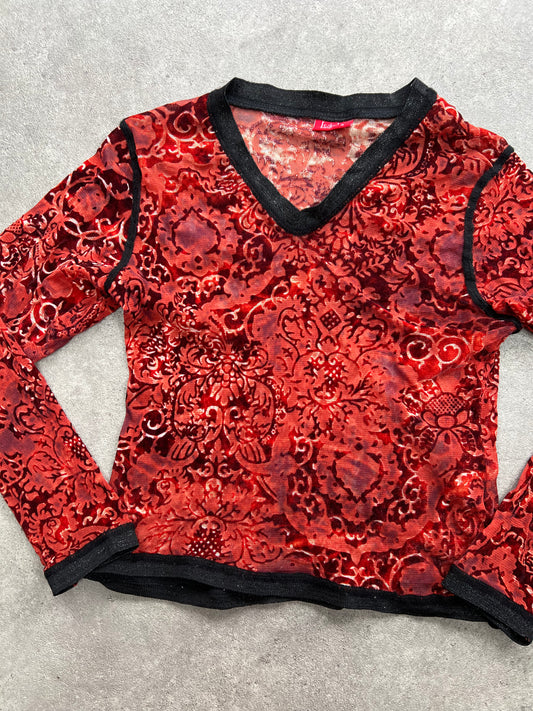 90s red black velvet mesh long sleeve top - Size S/M