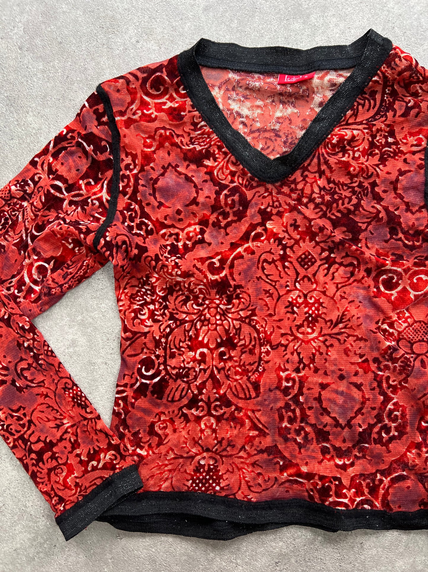 90s red black velvet mesh long sleeve top - Size S/M
