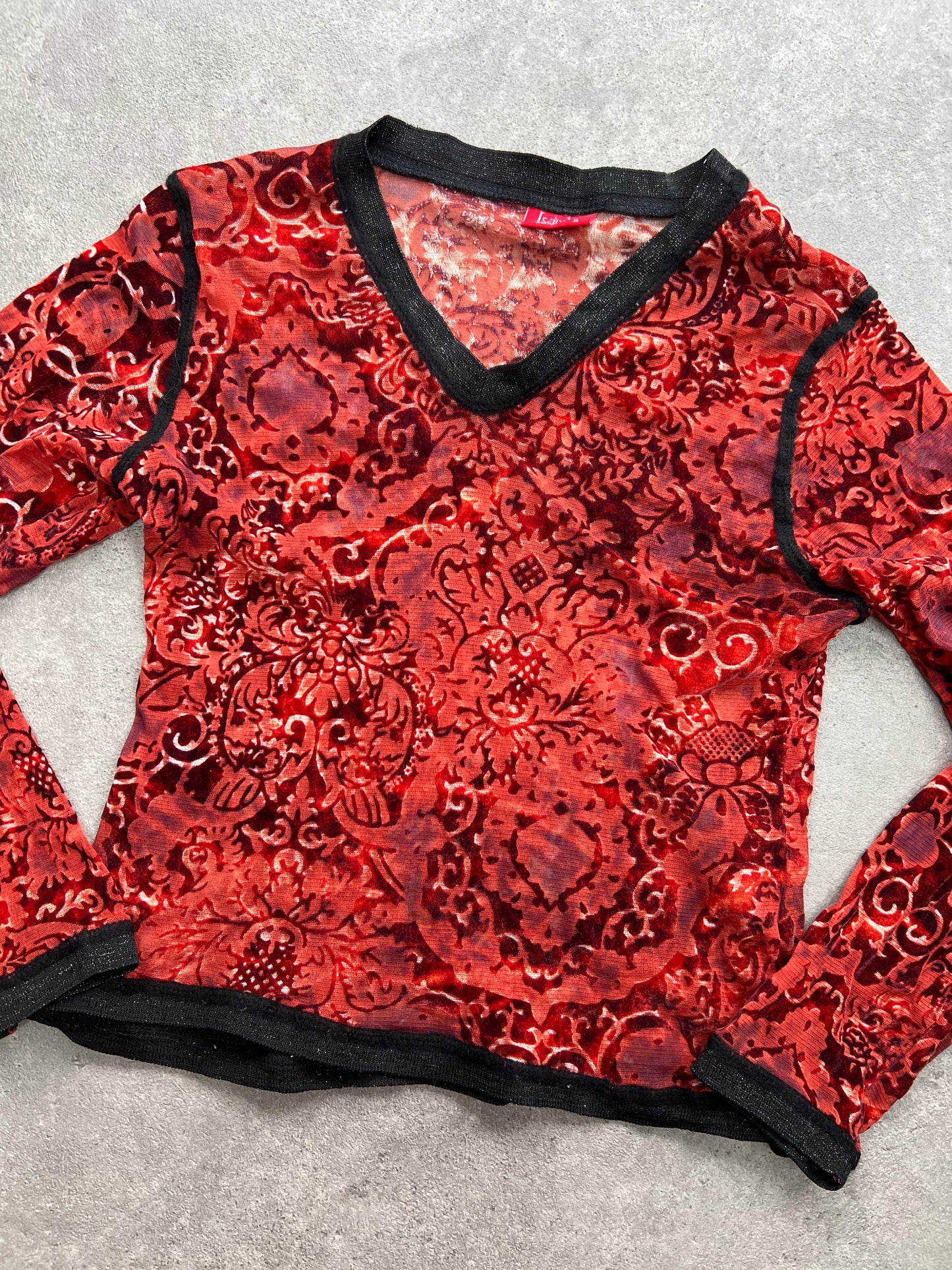 90s red black velvet mesh long sleeve top - Size S/M