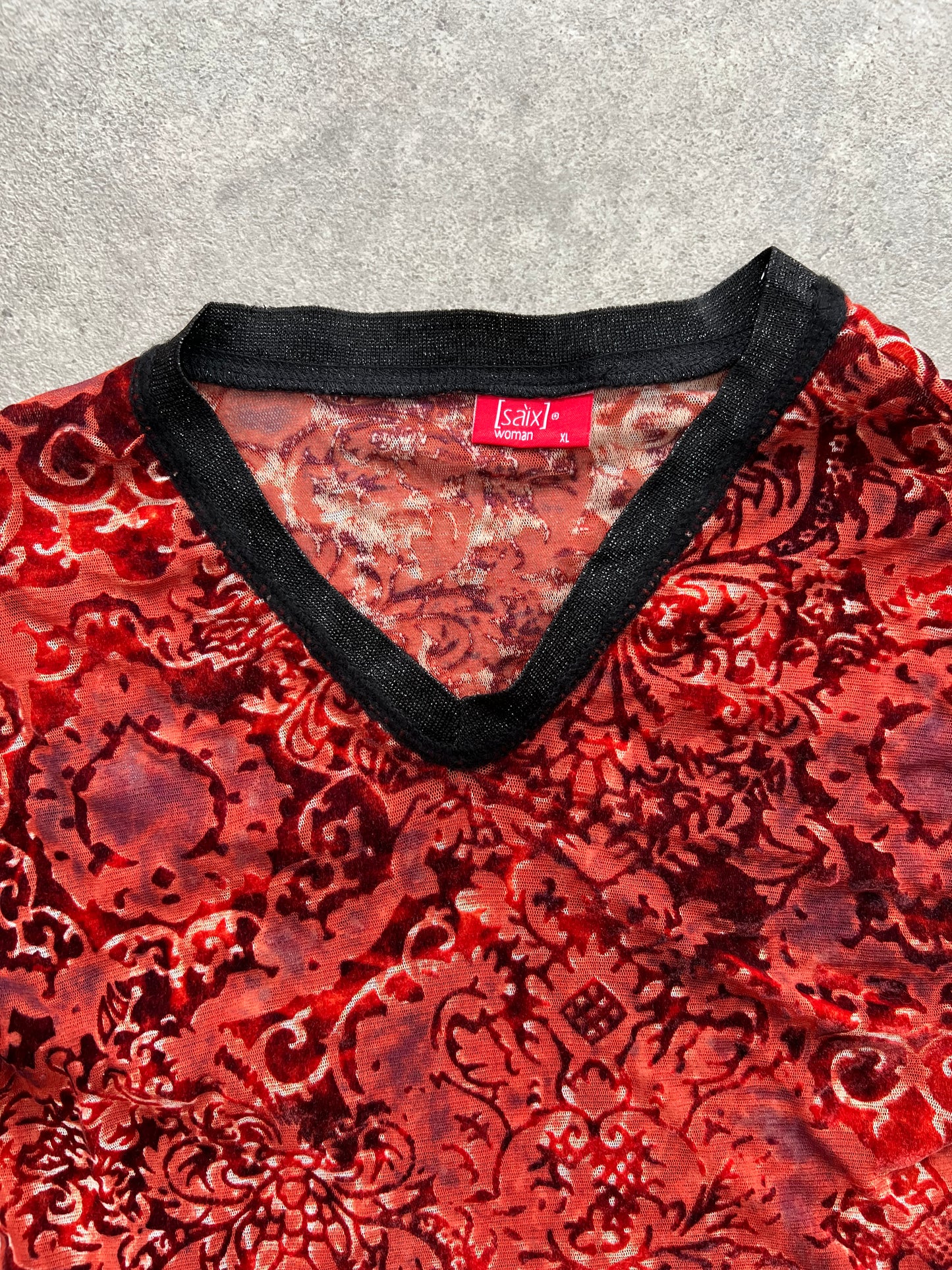 90s red black velvet mesh long sleeve top - Size S/M