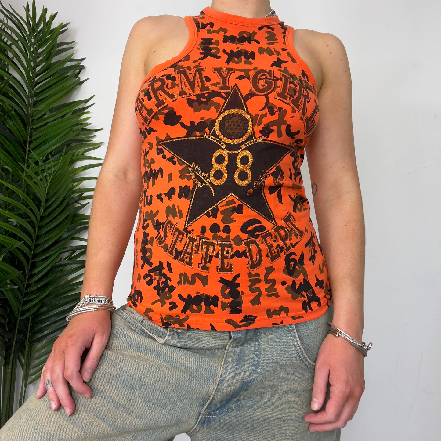 Orange Star Graphic Glitter Camo Vest