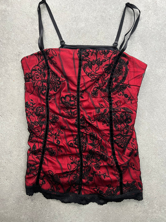 00s Red Lace Mesh Layered Vest Top - M