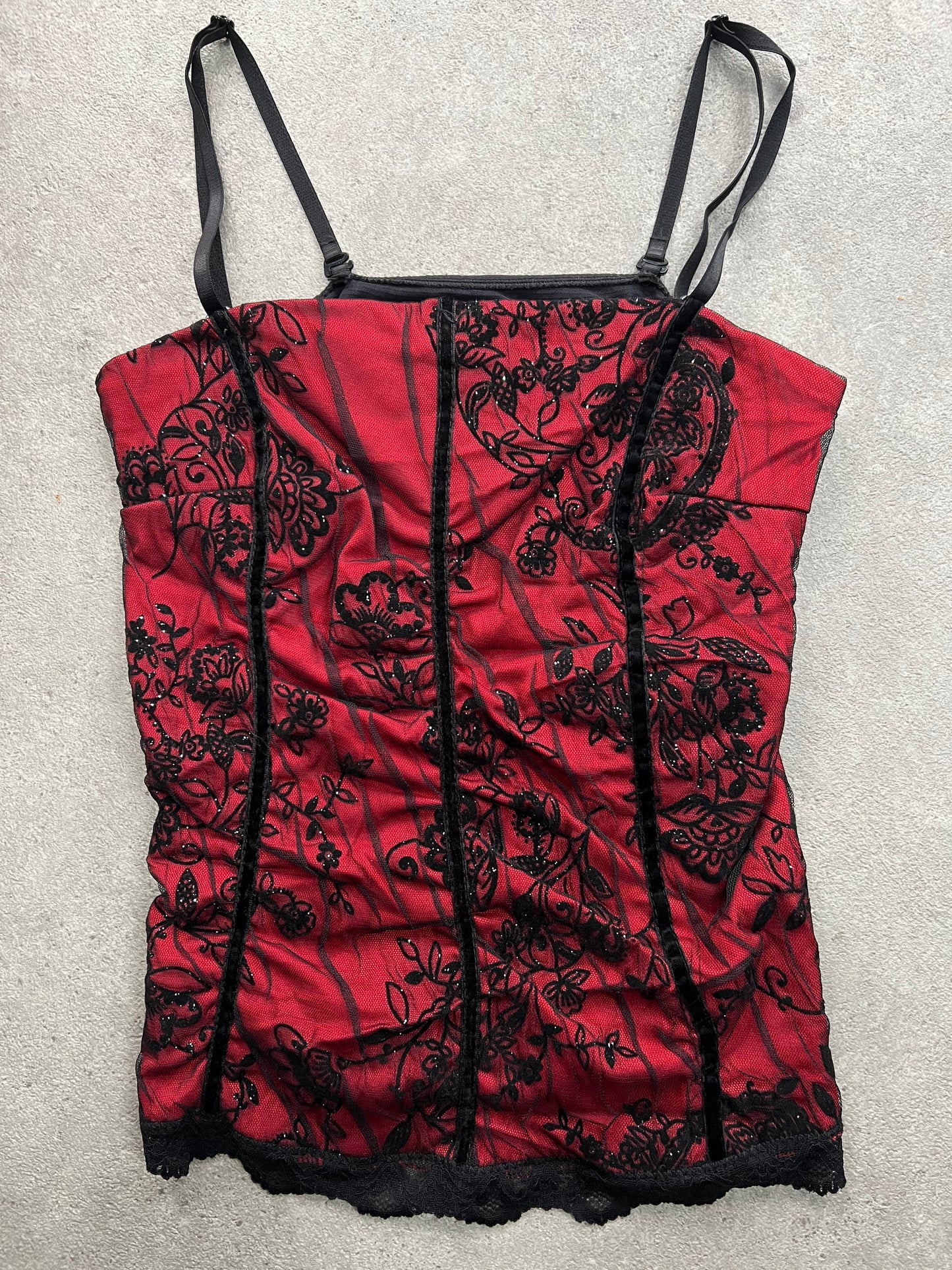 00s Red Lace Mesh Layered Vest Top - M