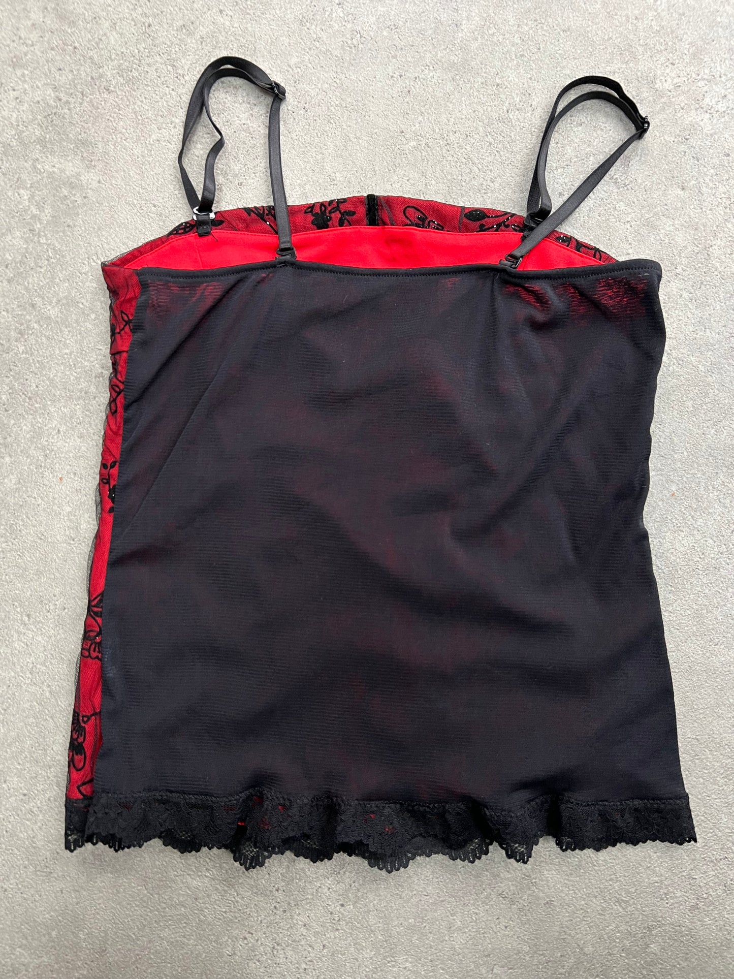 00s Red Lace Mesh Layered Vest Top - M